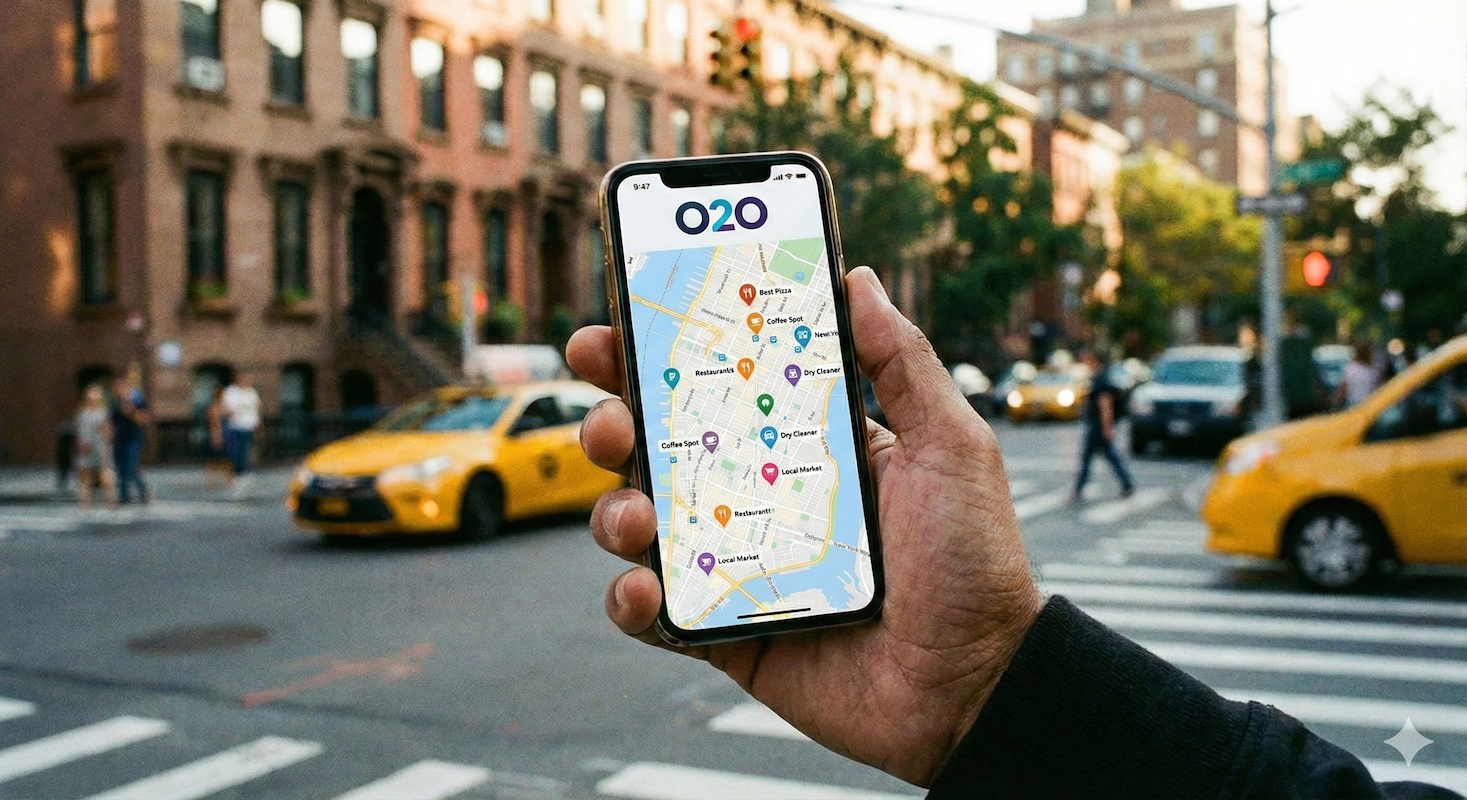 A dynamic image showcasing O2O services and app development with glowing nodes and connections.